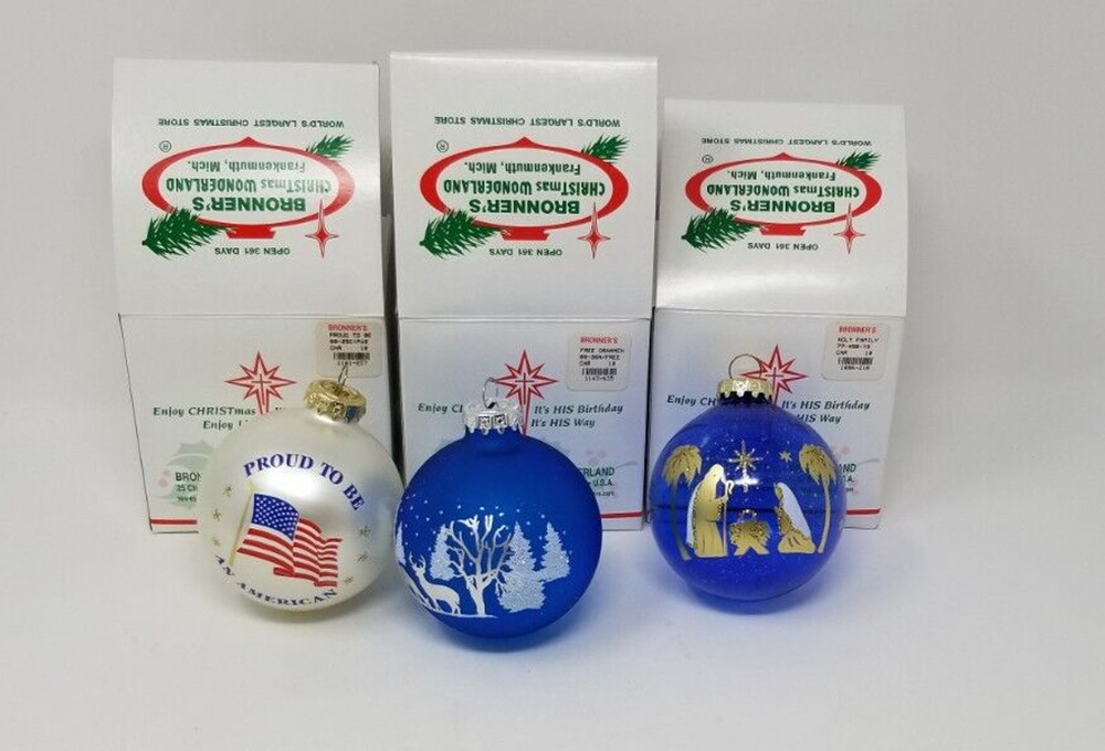3 Bronner’s Hungary Glass Ball Ornaments Proud American Holy Family Forest IOB